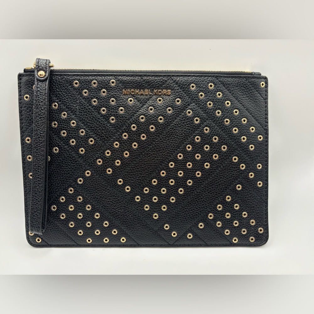 Michael Kors Black Leather Het Set XL Clutch with Gold Accents